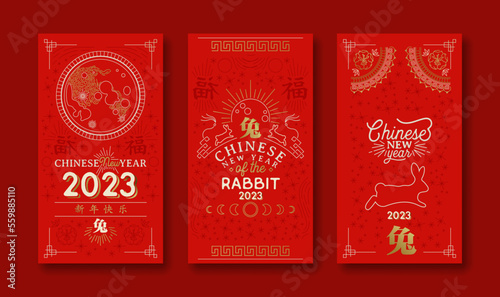Chinese new year of rabbit 2023 greeting card set in red background
