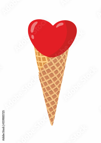 Ice cream icon vector illustration. Hearts shape. Red color. Sweet and cold dessert. Waffle cone. Valentines day. Celebrate love.