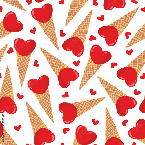 Ice cream desserts seamless pattern. Heart shapes. Frozen and cold. Love. Valentines day. Summer time. Red color. Isolated on white background. Print, textile, fabric, wrapping paper. Waffle cone.