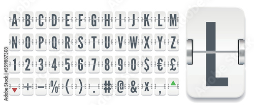 White terminal mechanical scoreboard font with numbers to display stock exchange rates vector illustration. Airport flip board bold alphabet for showing flight departure or finance information.