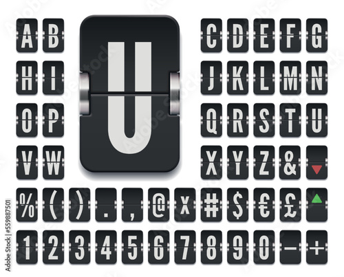 Airport mechanical flip scoreboard terminal alphabet font with numbers to display stock exchange rates or flight information. Vector illustration