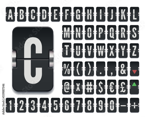 Narrow airport terminal mechanical scoreboard font with numbers for stock exchange rates. Vector illustration. Retro airline flip board alphabet to display departure or financial information