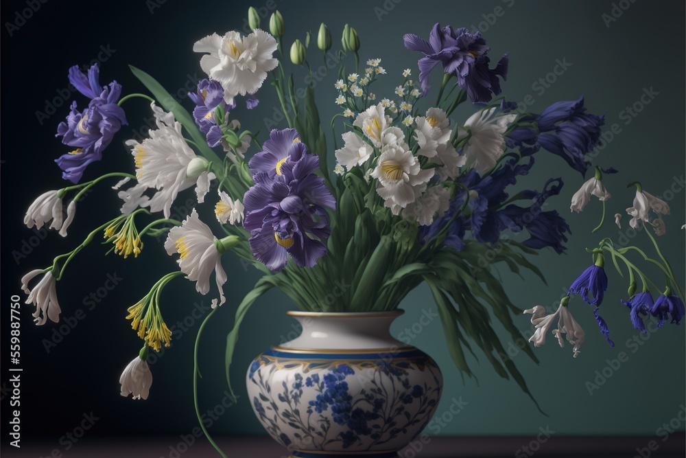  a vase filled with lots of purple and white flowers on a table next to a wall and a blue wall behind it with a green ribbon on the bottom of the vase is a blue. - obrazy, fototapety, plakaty 