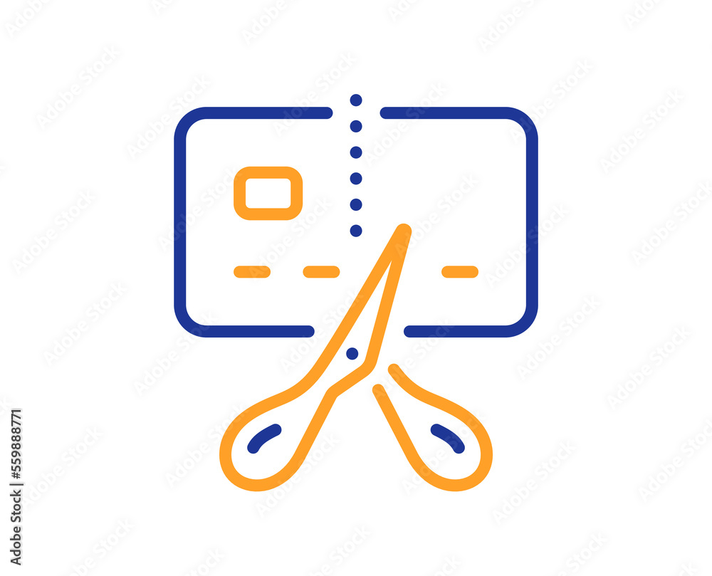 Bankrupt line icon. Cut credit card sign. Bank card with scissors symbol. Colorful thin line outline concept. Linear style bankrupt icon. Editable stroke. Vector Bankrupt line icon. Cut credit card sign. Bank card with scissors symbol. Colorful thin line outline concept. Linear style bankrupt icon. Editable stroke. Vector