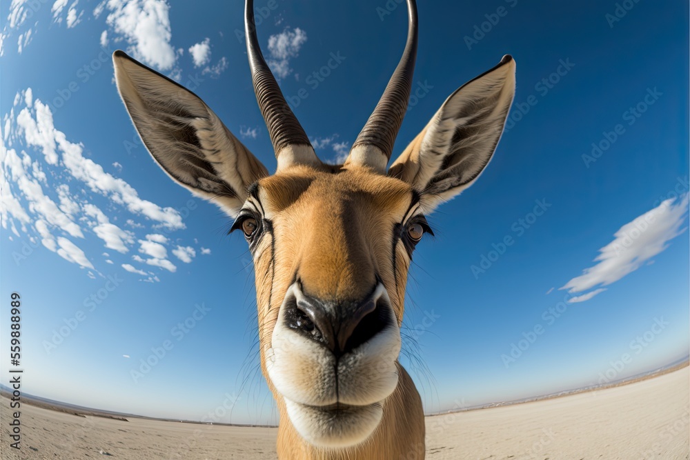 a gazelle with long horns standing in the desert looking at the camera