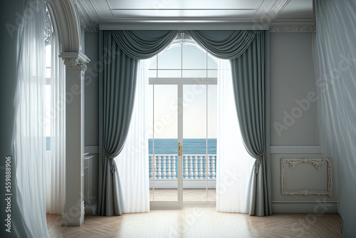 Glass windows with sea views and white silk drapes. Realistic interior of a vacant room in a house or hotel with glass doors leading to a balcony and railings. Generative AI © 2rogan