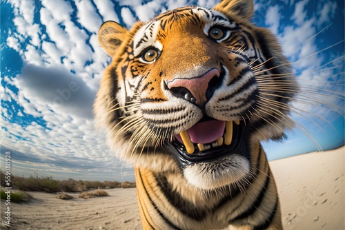 Fototapeta a tiger is standing in the sand with its mouth open and it's mouth wide open and it's mouth wide open, with its mouth wide open, with a blue sky in the background
