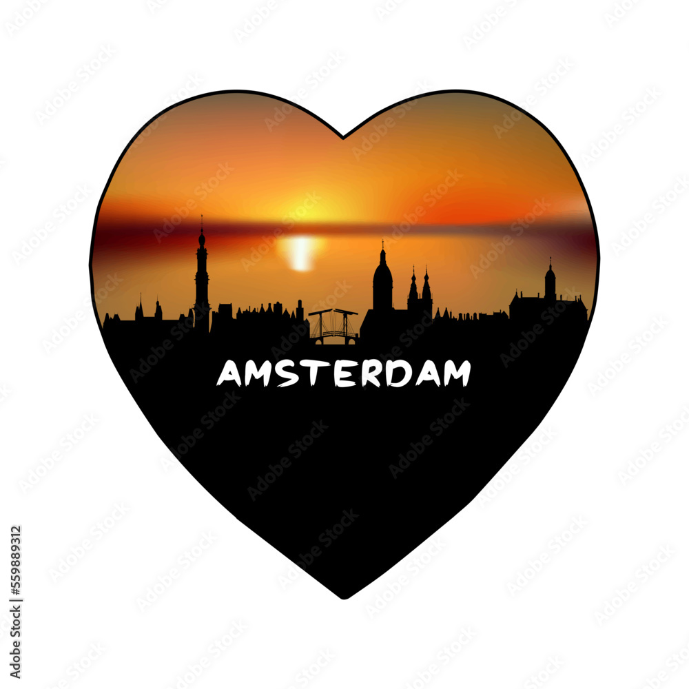 Amsterdam Netherlands Skyline Silhouette Retro Vintage Sunset Amsterdam Lover Travel Souvenir Sticker Vector Illustration SVG EPS