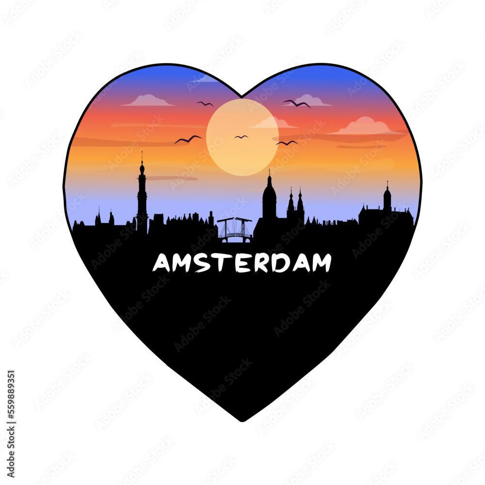 Amsterdam Netherlands Skyline Silhouette Retro Vintage Sunset Amsterdam Lover Travel Souvenir Sticker Vector Illustration SVG EPS