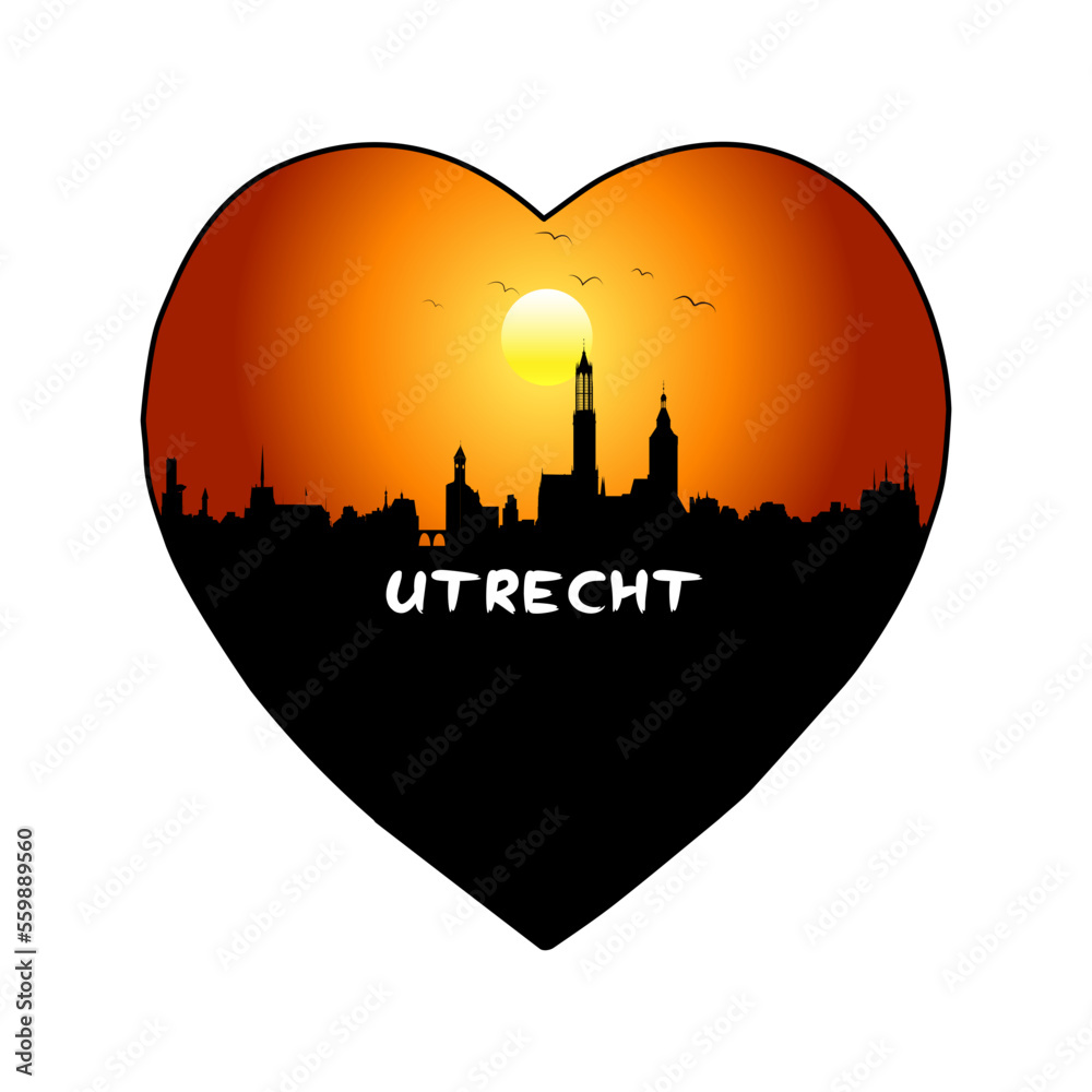 Utrecht Netherlands Skyline Silhouette Retro Vintage Sunset Utrecht Lover Travel Souvenir Sticker Vector Illustration SVG EPS