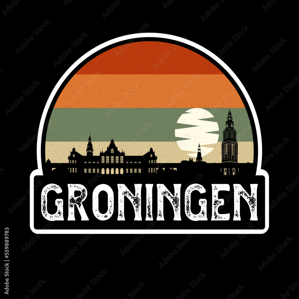 Groningen Netherlands Skyline Silhouette Retro Vintage Sunset Groningen Lover Travel Souvenir Sticker Vector Illustration SVG EPS