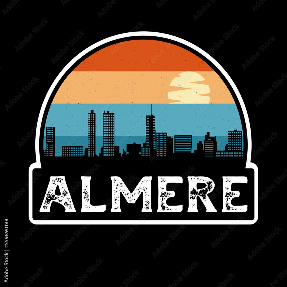 Almere Netherlands Skyline Silhouette Retro Vintage Sunset Almere Lover Travel Souvenir Sticker Vector Illustration SVG EPS