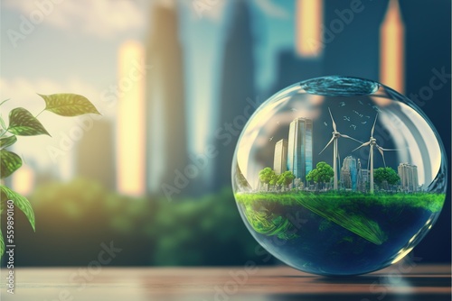  a glass ball with a city in it and a plant in the middle of it with a wind turbine in the background and a green leafy tree in the foreground of the picture. Generative AI