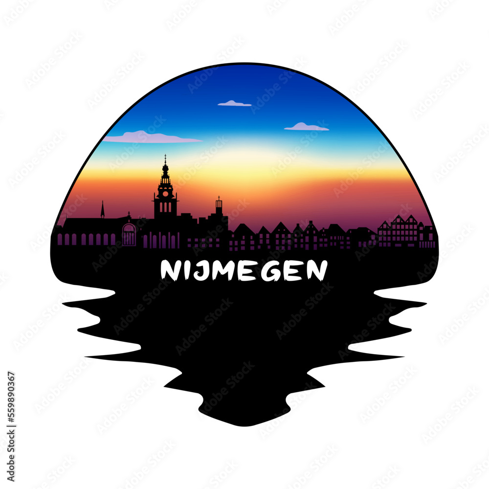 Nijmegen Netherlands Skyline Silhouette Retro Vintage Sunset Nijmegen Lover Travel Souvenir Sticker Vector Illustration SVG EPS