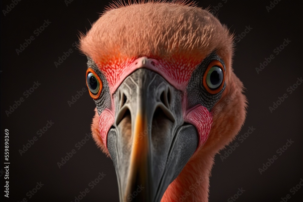 a close up of a bird with a very large beak and orange eyes and a long ...
