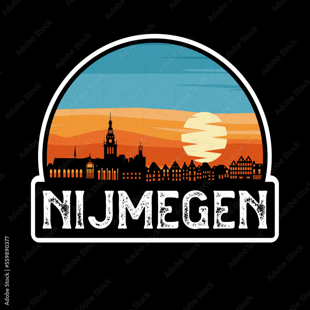 Nijmegen Netherlands Skyline Silhouette Retro Vintage Sunset Nijmegen Lover Travel Souvenir Sticker Vector Illustration SVG EPS