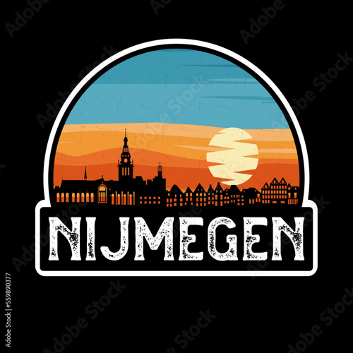 Nijmegen Netherlands Skyline Silhouette Retro Vintage Sunset Nijmegen Lover Travel Souvenir Sticker Vector Illustration SVG EPS