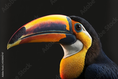 a colorful bird with a black background and a yellow beak and a black background with a black background and a black background with a black background with a toucan toucan and. Generative AI photo