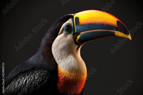  a colorful bird with a black background and a yellow beak and a black background with a black background and a black background with a black background with a toucan toucan and. Generative AI photo