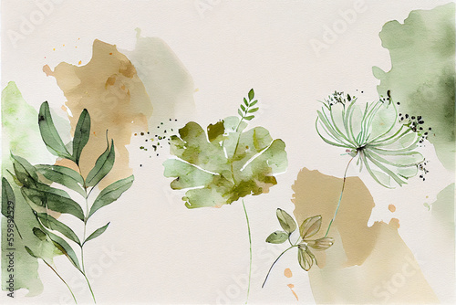 Beige and green flowers, watercolour illustration, abstract, AI Generated #559892529