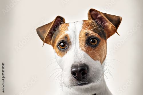 Scottish humorous cat portrait A Jack Russell Terrier's head is straight on and is shown on a white backdrop. Generative AI © 2rogan