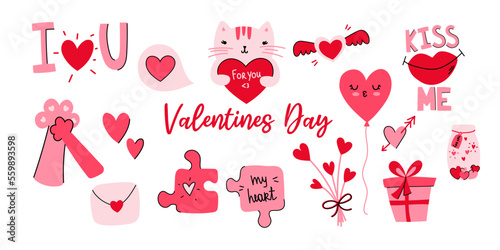 Valentine's Day Hand drawn Set. Valentine's day, wedding and love concept. Romantic element - cat, hearts, puzzles, gift, bubble, bouquet, letter and lips.