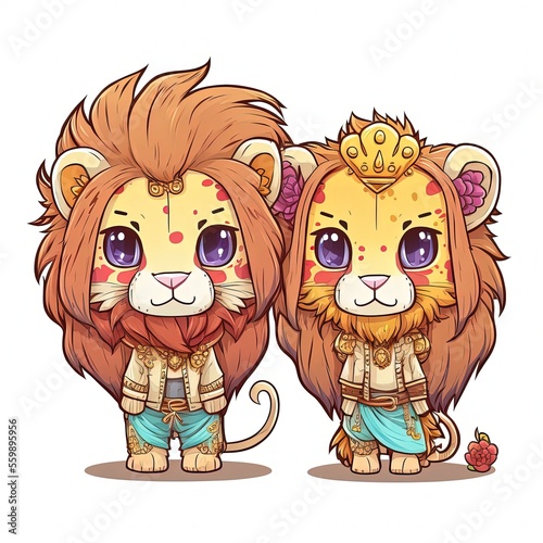  illustration cute clip art child-like design  adorable lion and lioness couple in fancy costume
