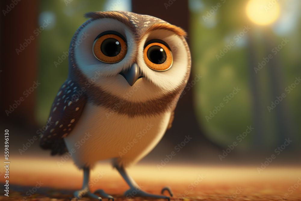 Cute cartoon baby owl with orange eyes, portrait, 3D render, Generative AI
