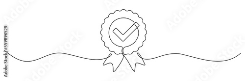 Award badge continuous line art drawn. Approval check sign. Certificate contour line. Vector illustration isolated on white. photo
