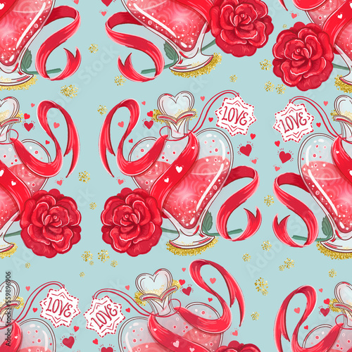 Love potion and red rose. Seamless pattern with romantic theme hand drawn digital illustrations and golden accents