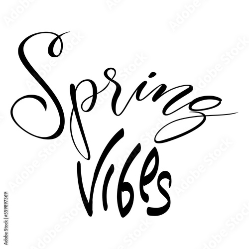 Spring vibes, handwritten inscription. Isolated vector logo, icon. Black poster template. Spring decoration.