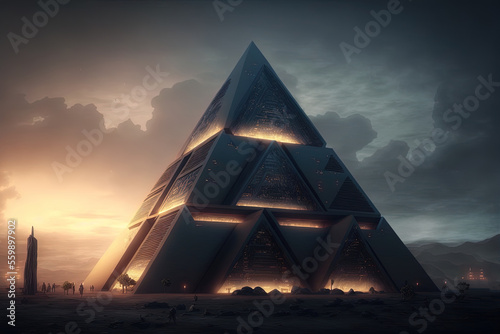 Sci-fi space background with pyramid. Science and technology platform on a galactic planet  stars  nebulae  night view  space. Ancient Egyptian pyramid  architecture  neon light. AI