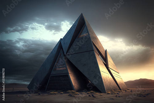 Sci-fi space background with pyramid. Science and technology platform on a galactic planet  stars  nebulae  night view  space. Ancient Egyptian pyramid  architecture  neon light. AI