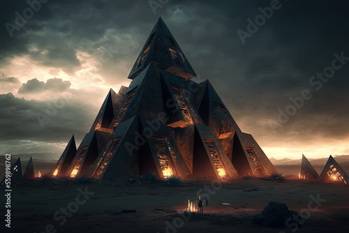 Sci-fi space background with pyramid. Science and technology platform on a galactic planet  stars  nebulae  night view  space. Ancient Egyptian pyramid  architecture  neon light. AI