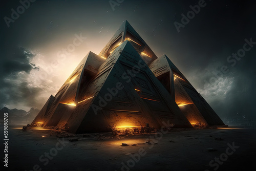 Sci-fi space background with pyramid. Science and technology platform on a galactic planet  stars  nebulae  night view  space. Ancient Egyptian pyramid  architecture  neon light. AI