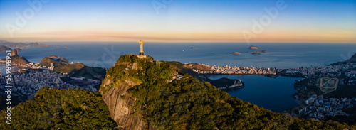 Panoramic view of Christ the Redeemer area during sunset - aerial footage - Rio de Janeiro - Cristo Redentor