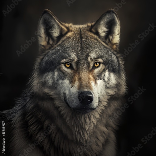 Gray wolf with black background 