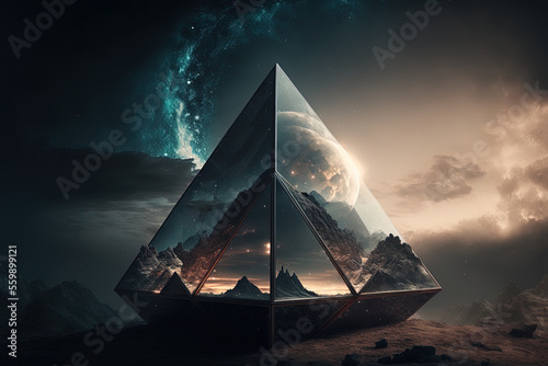 Sci-fi space background with pyramid. Science and technology platform on a galactic planet, stars, nebulae, night view, space. Ancient Egyptian pyramid, architecture, neon light. AI