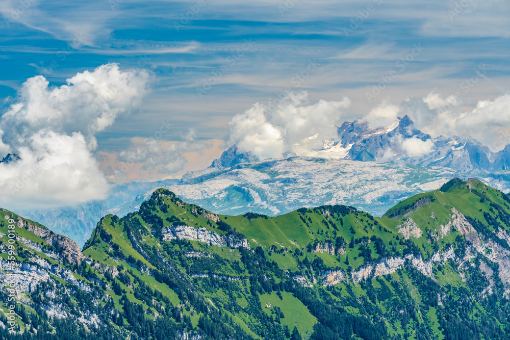 Switzerland 2022, Beautiful view of the Alps from Niederbauen. Fronalpstock.