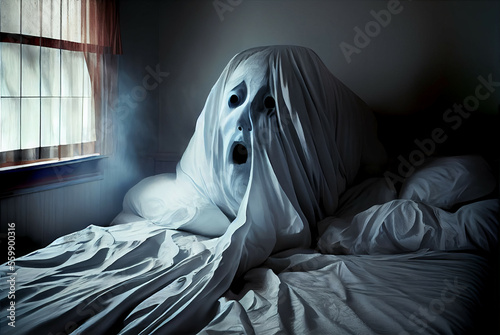 Generative AI Illustration of a scary ghost arising from the bed sheets. Incubus in bedroom. Halloween realistic backdrop.