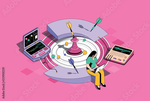 Global business concept in 3d isometric design. Woman working in international company, develop marketing strategy and achieving goals. Vector isometry illustration with people scene for web graphic