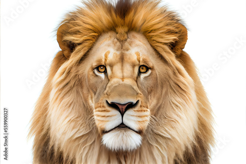 Generative AI Illustration of a lion closeup isolated on white background. Portrait of the king of animals with neutral face expression.