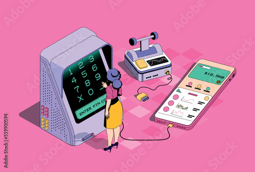 Mobile banking concept in 3d isometric design. Woman manage personal finances, making money transfer using online account in mobile app. Vector isometry illustration with people scene for web graphic