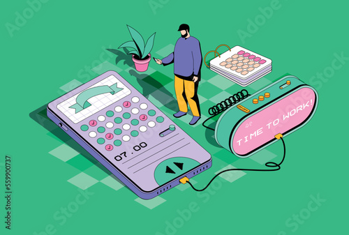 Mobile organizer concept in 3d isometric design. Man manage work tasks, marks meetings on online calendar and organized time using app. Vector isometry illustration with people scene for web graphic