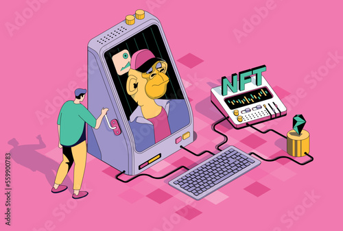 NFT technology concept in 3d isometric design. Man buying digital artworks with unique non-fungible tokens on online marketplaces. Vector isometry illustration with people scene for web graphic