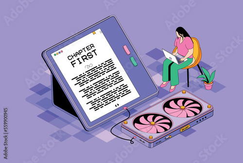 Online reading concept in 3d isometric design. Woman reading e-books on laptop application, buying electronic books in online bookstore. Vector isometry illustration with people scene for web graphic