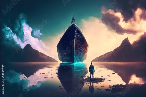 Man and boat surreal illustration