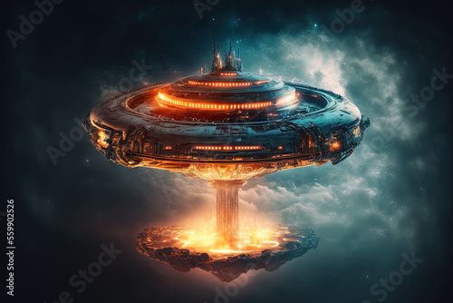 Fototapeta Naklejka Na Ścianę i Meble -  Intergalactic station, disk-shaped space platform. Science and technology platform on a galactic planet, stars, nebulae, night view, space. Scientific space architecture, neon light. AI