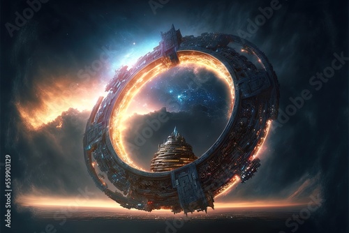 Fototapeta Naklejka Na Ścianę i Meble -  Intergalactic station, disk-shaped space platform. Science and technology platform on a galactic planet, stars, nebulae, night view, space. Scientific space architecture, neon light. AI