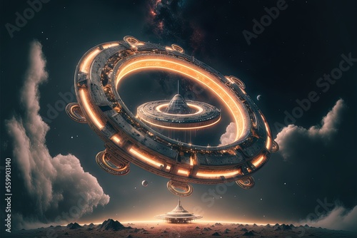 Fototapeta Naklejka Na Ścianę i Meble -  Intergalactic station, disk-shaped space platform. Science and technology platform on a galactic planet, stars, nebulae, night view, space. Scientific space architecture, neon light. AI